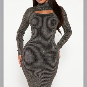 Holiday Fun Sweater Midi Dress - Black/Gold SMALL